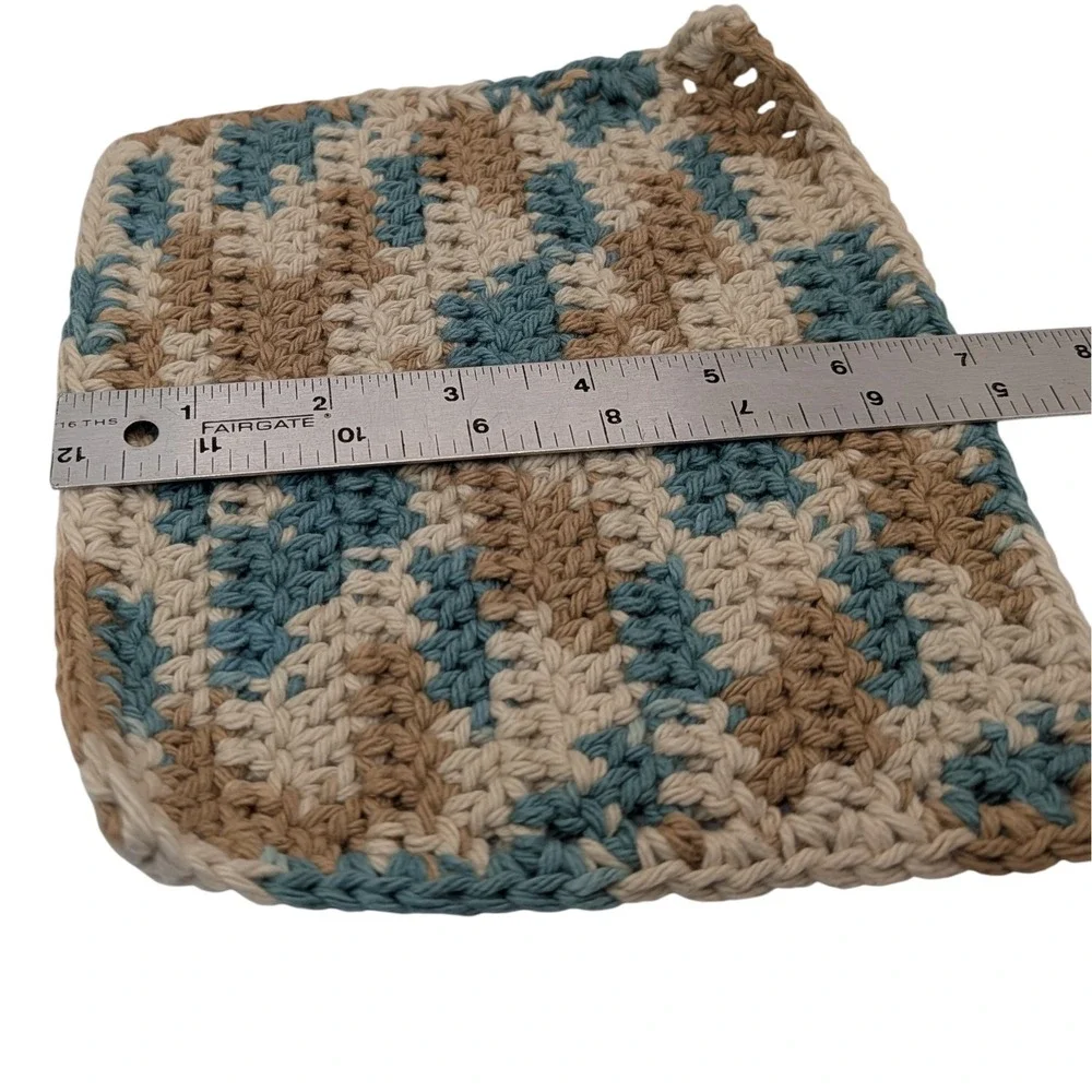 New Handmade Crocheted Potholders Hot Pads Cotton‎ Tan Blue Green Set of Three